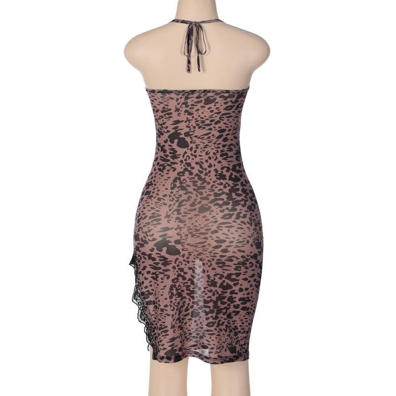 Leopard Print Cowl Neck Lace Trim Slit Bodycon Midi Dress - View 4