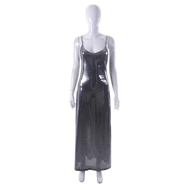 Metallic v neck backless solid low cut cami maxi dress - View 2
