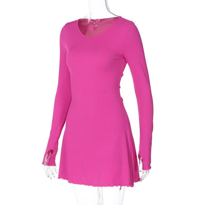 Ribbed Long Sleeve Lace Up Ruffle Mini Dress - View 3