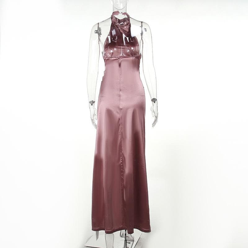 Ruched solid satin zip-up halter backless slit maxi dress - View 4