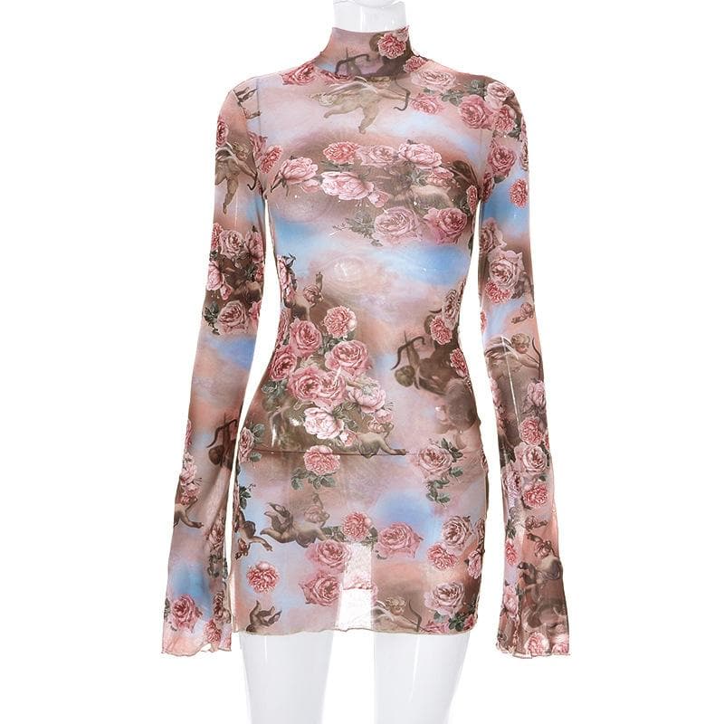 Floral Mesh High Neck Long Sleeve Sheer Bodycon Mini Dress - View 3