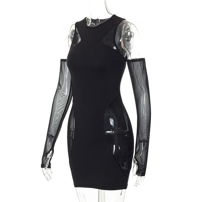 Mesh sleeveless solid gloves crewneck mini dress - View 3