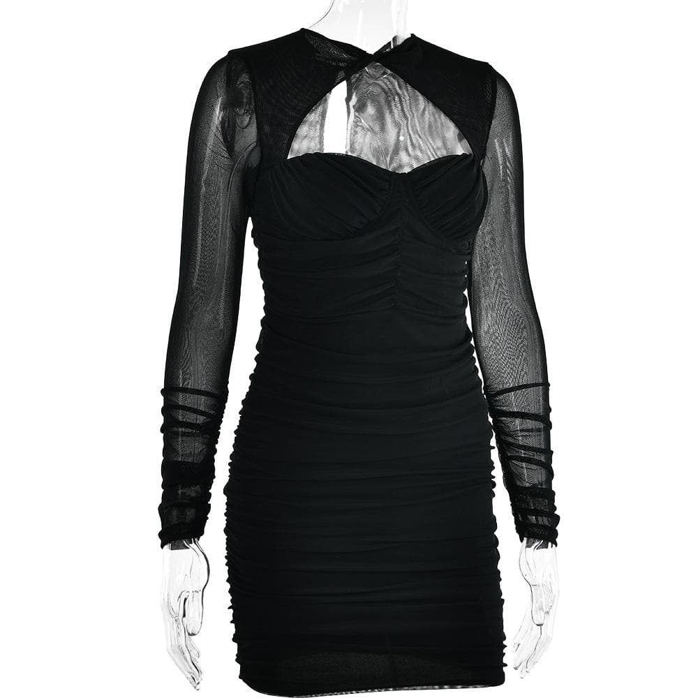 Hollow out ruched mesh long sleeve zip-up button mini dress - View 5