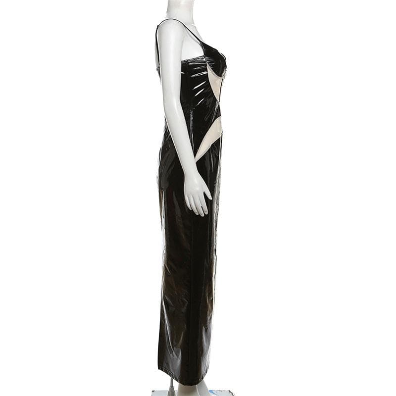 Mesh patchwork contrast PU leather low cut slit maxi dress - View 8