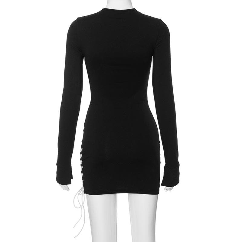 Lace up contrast long sleeve irregular crewneck mini dress - View 3