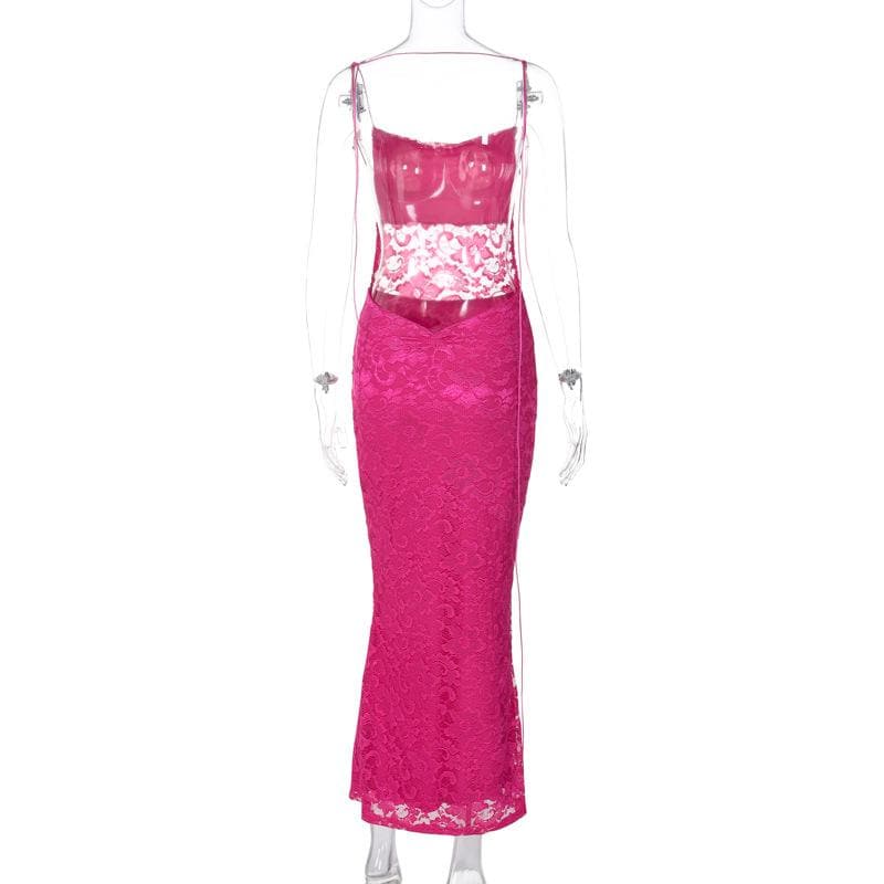 Lace solid square neck ruched spaghetti strap backless maxi dress - View 4