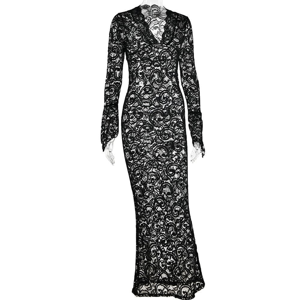 Lace see through long sleeve v neck solid maxi dress - View 6
