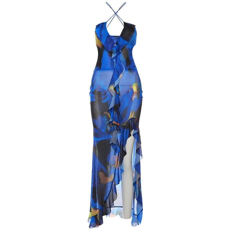 Cross front backless sheer mesh see through slit maxi dress - View 9
