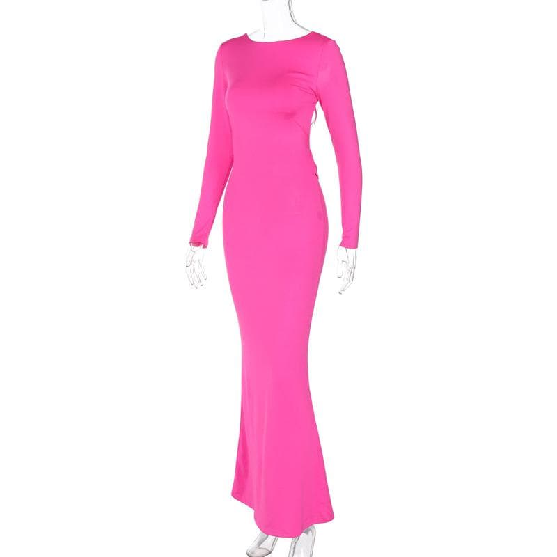 Long sleeve backless lace up ruched solid maxi dress - View 6