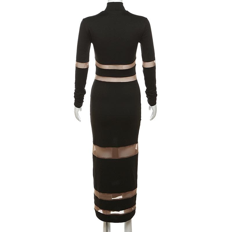 Patchwork mesh contrast long sleeve high neck maxi dress - View 5