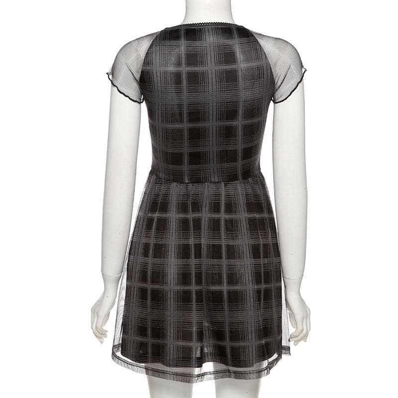 Mesh short sleeve plaid A line ruffled dress - View 6