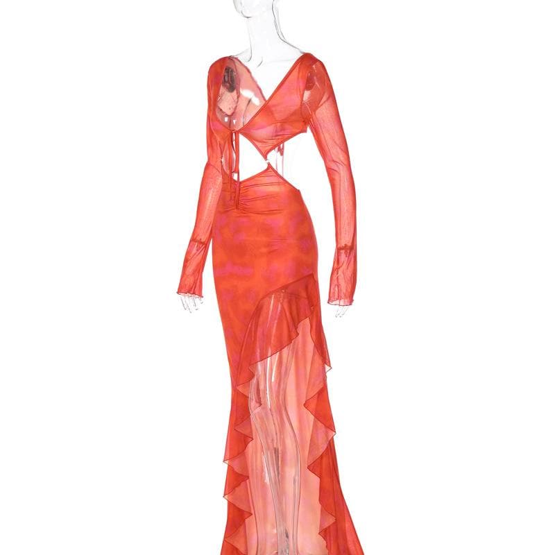 Long sleeve solid mesh slit v neck ruffle hollow out maxi dress - View 3