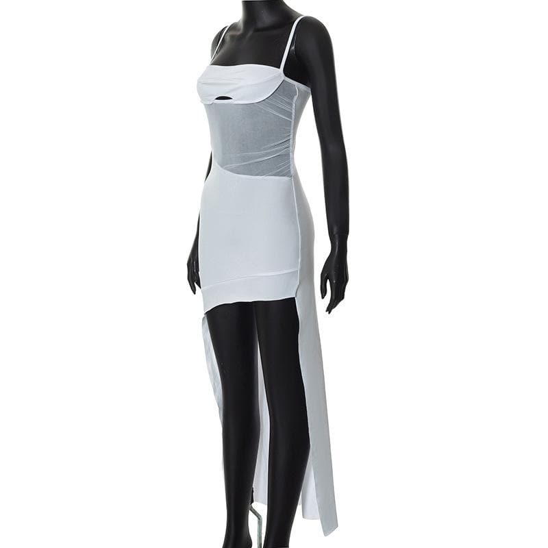 Solid irregular hollow out mesh backless cami mini dress - View 3
