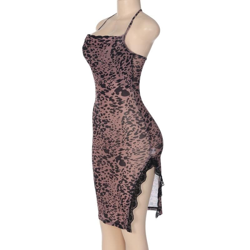 Leopard Print Cowl Neck Lace Trim Slit Bodycon Midi Dress - View 3