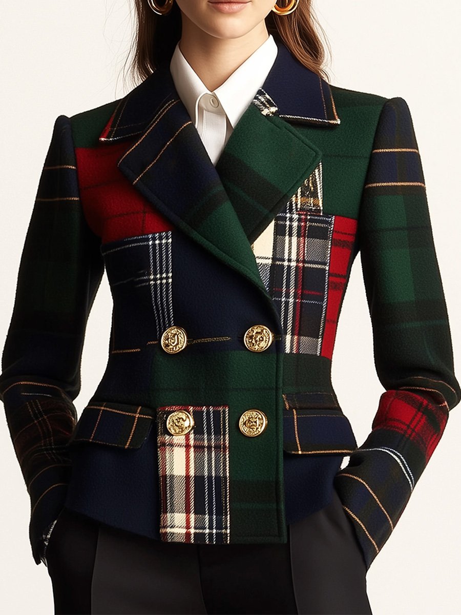 Plaid Double Breasted Gold Button Blazer