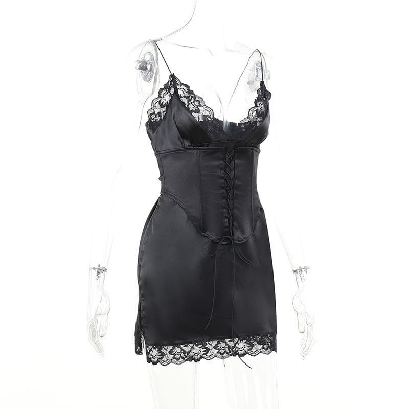 Satin V-Neck Lace Trim Lace Up Corset Mini Dress - View 3