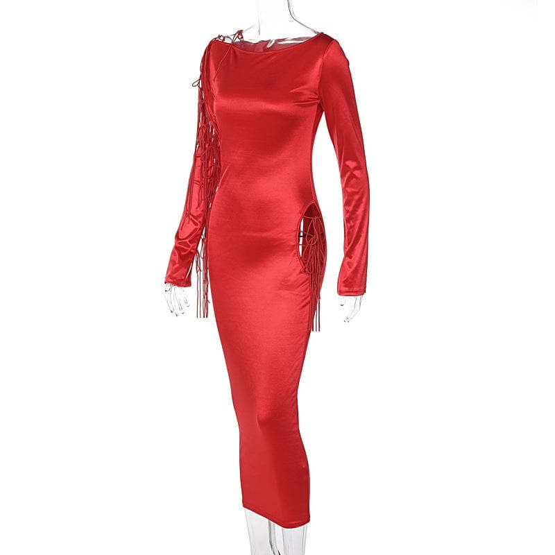 Long sleeve solid satin hollow out self tie crewneck midi dress - View 7