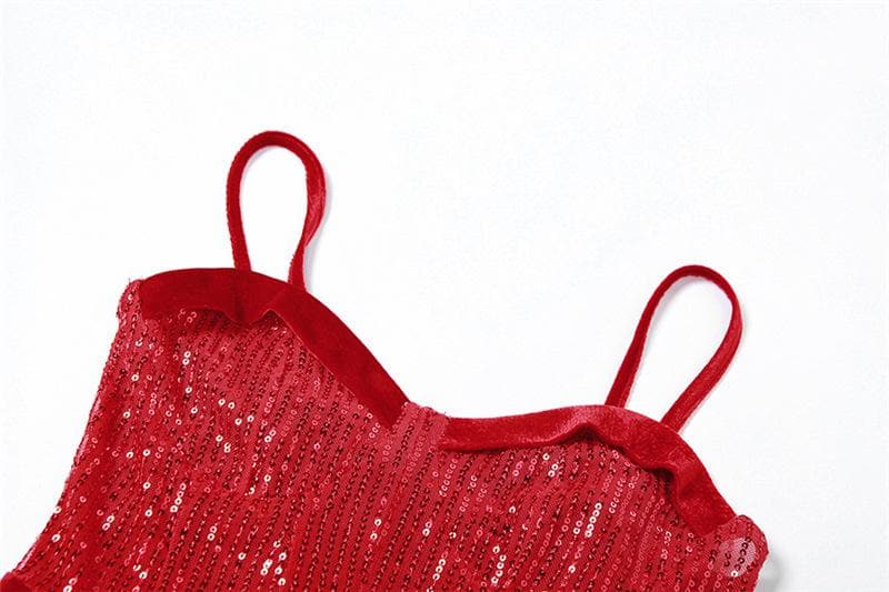 Sweetheart neck gloves velvet glitter mesh patchwork cami dress - View 6