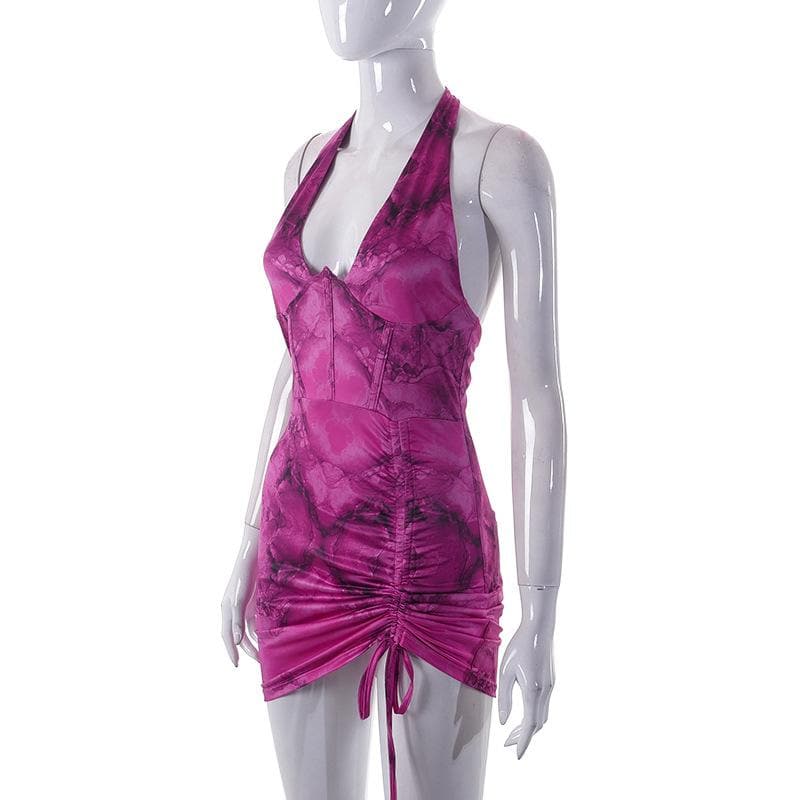 Halter Neck Corset Ruched Drawstring Backless Bodycon Mini Dress - View 4
