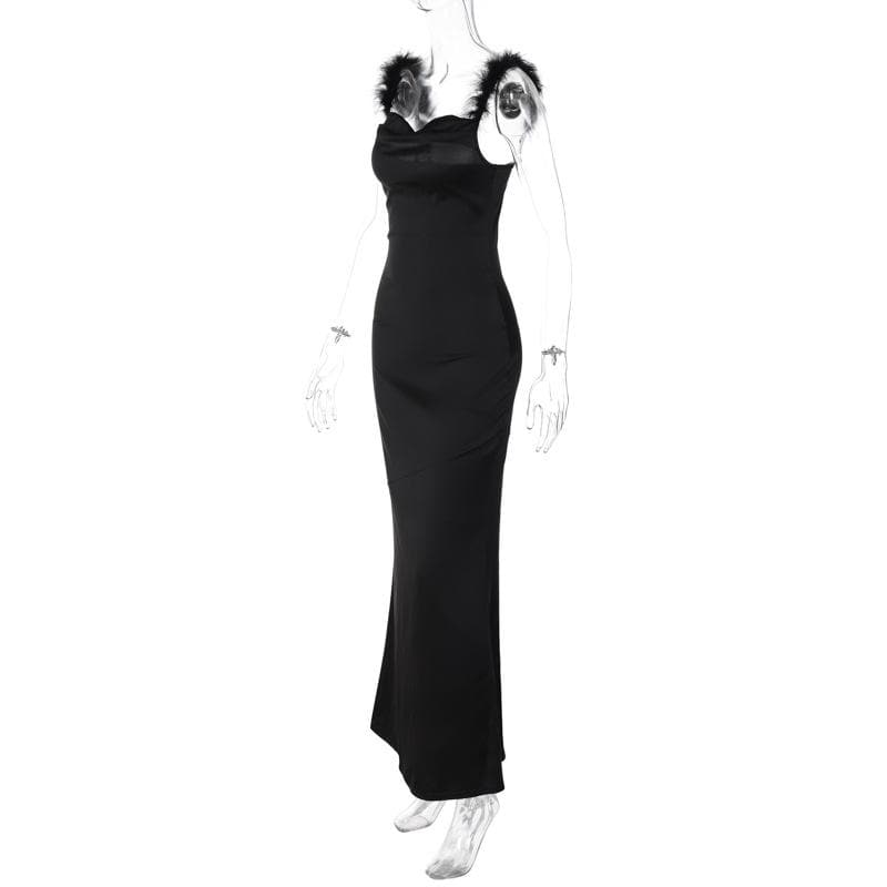 Feather cowl neck ruched solid backless maxi dress - View 7