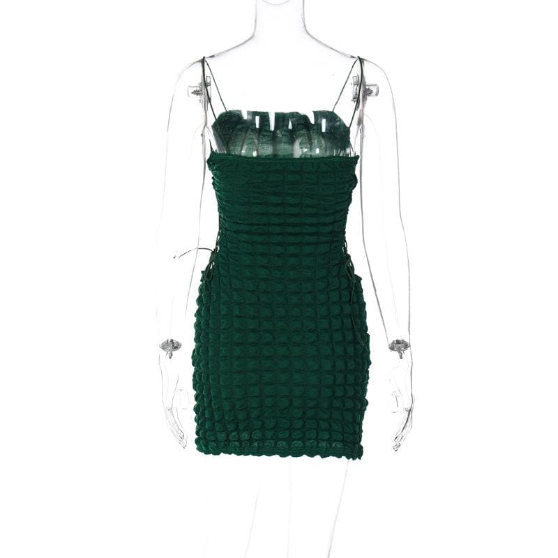 Waffle solid lace up spaghetti strap backless mini dress - View 5