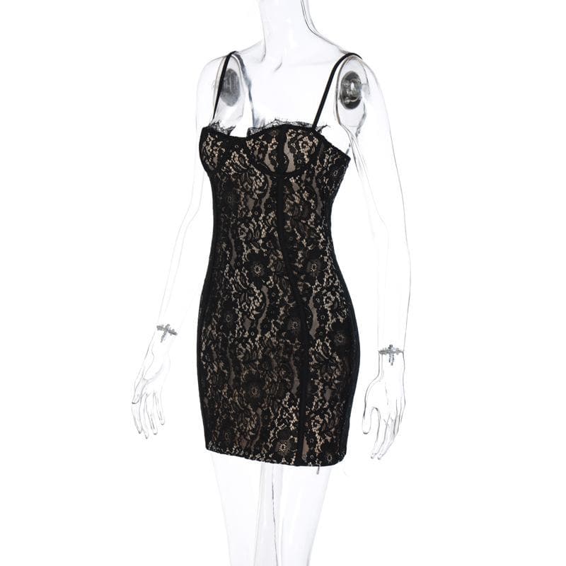Lace contrast zip-up backless cami mini dress - View 3