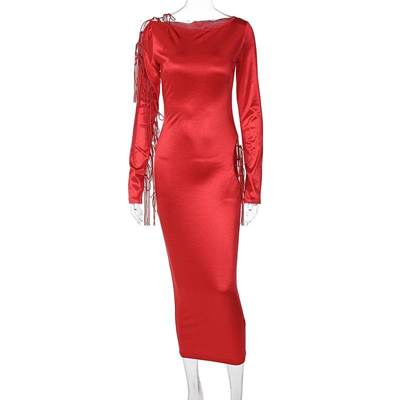Long sleeve solid satin hollow out self tie crewneck midi dress - View 2