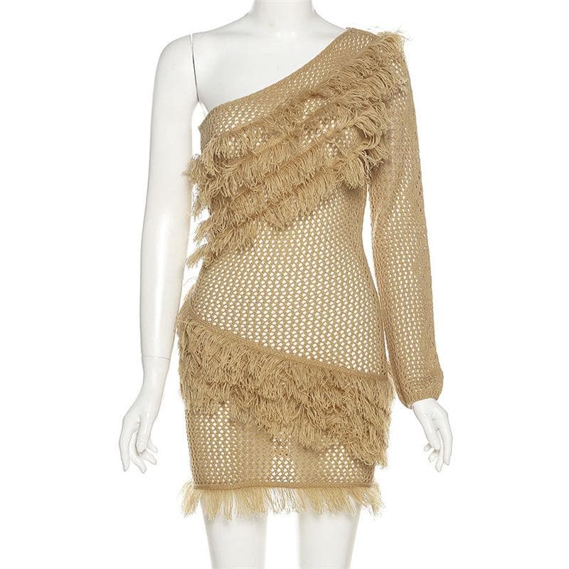 Knitted raw hem solid long sleeve one shoulder crochet mini dress - View 3