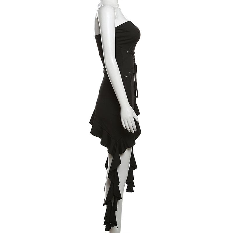 Lace up solid ruffle backless irregular tube mini dress - View 3
