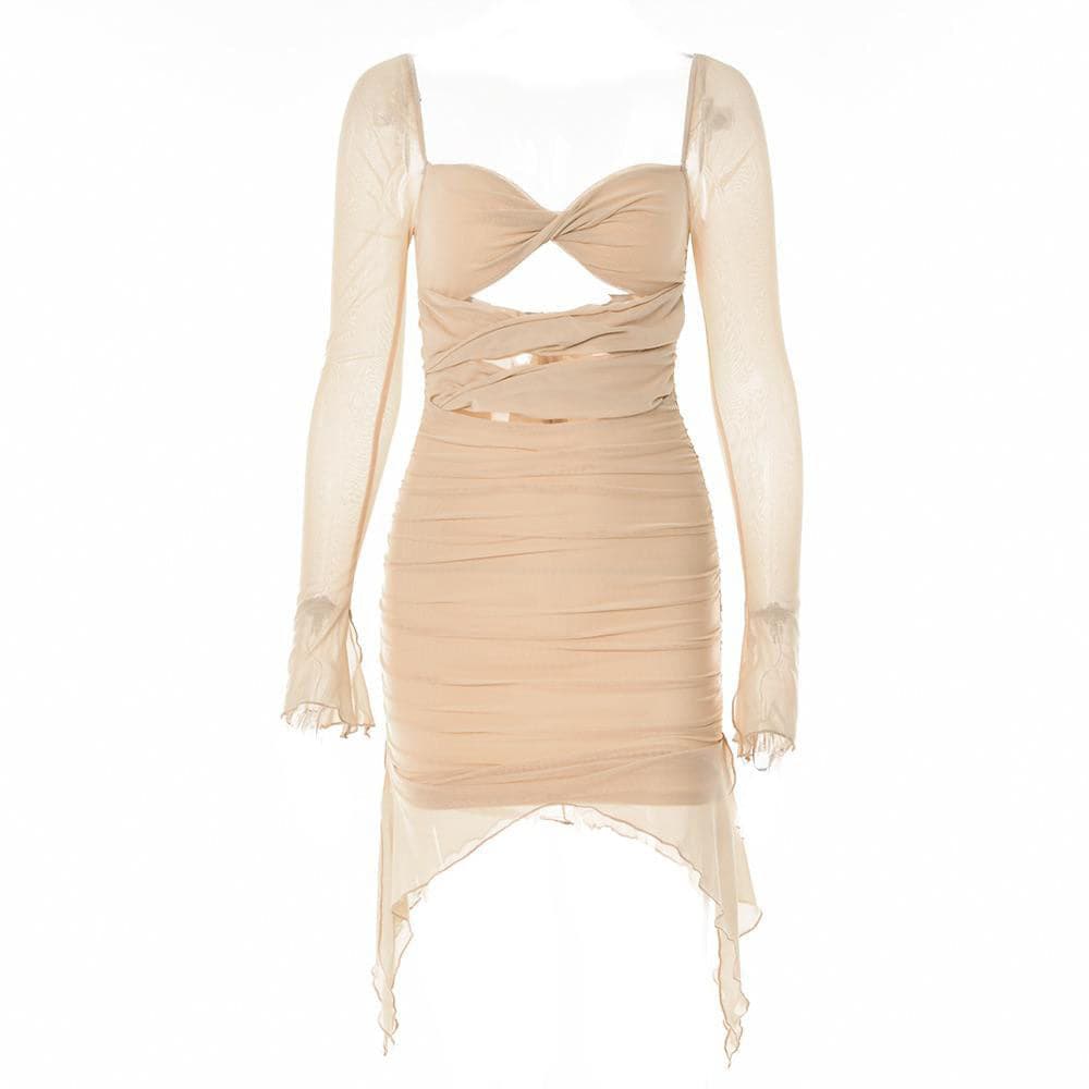 Long sleeve solid hollow out slit mesh ruched zip-up mini dress - View 3