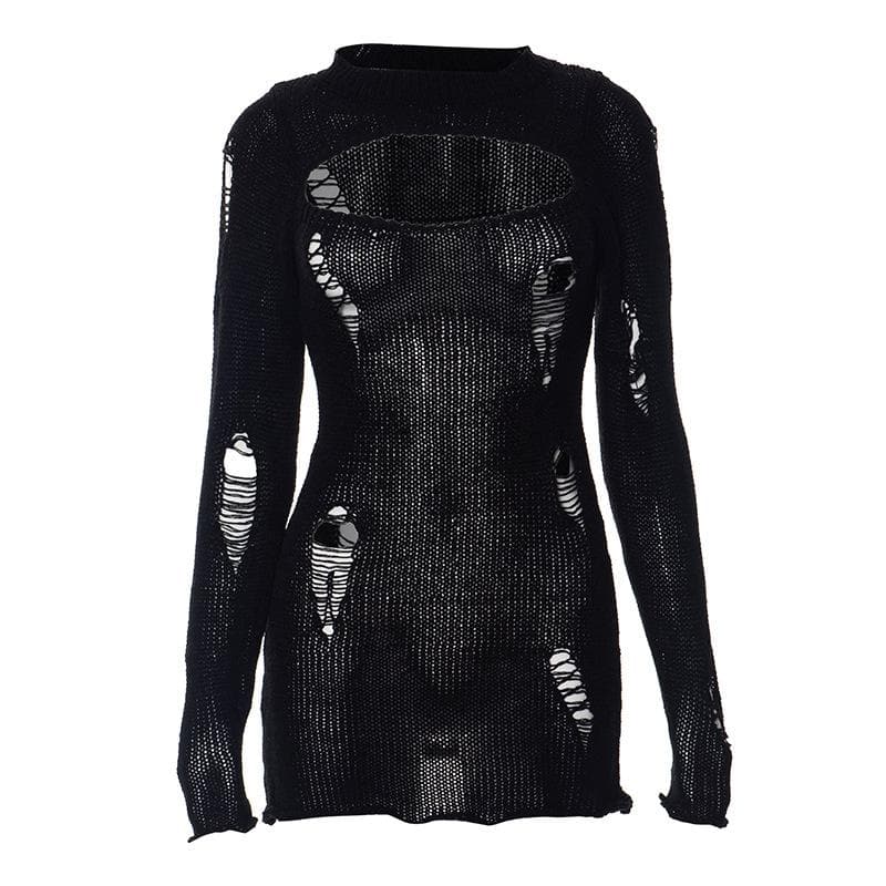Crochet hollow out solid long sleeve mini dress