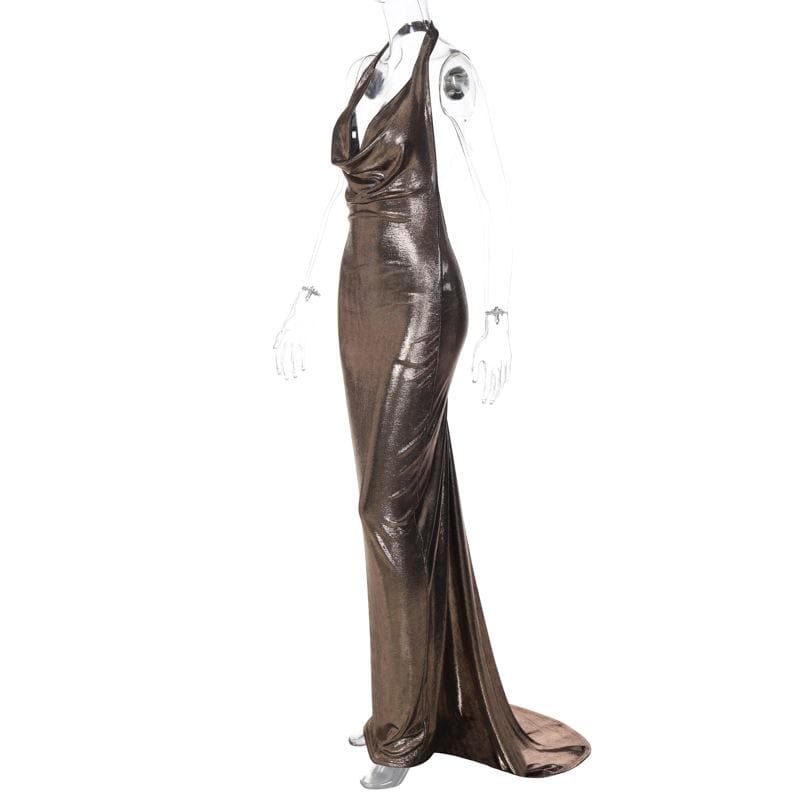 Metallic Cowl Neck Ruched Halter Backless Maxi Dress - View 5