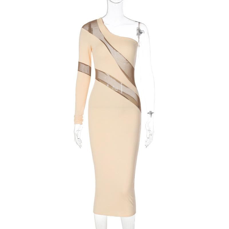 Long sleeve mesh backless one shoulder midi dress - View 4