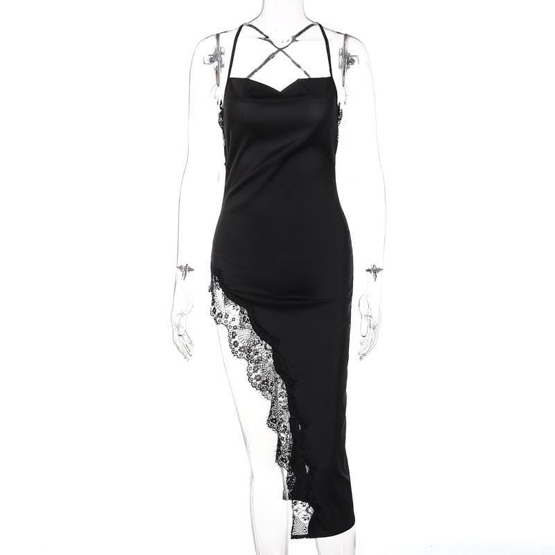 Spaghetti Strap Lace Trim Satin Slip High Split Midi Dress - View 7