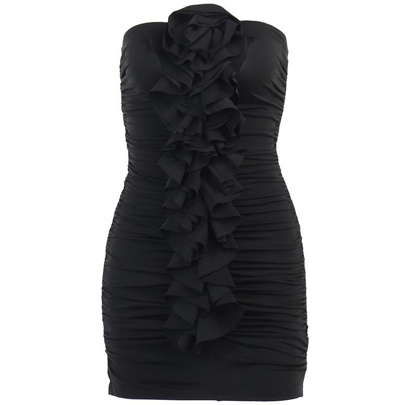 Strapless Ruched Floral Applique Ruffle Bodycon Mini Dress - View 3