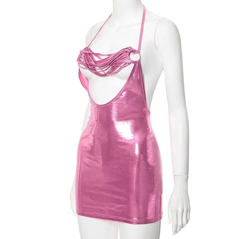 Metallic Halter Neck Backless O Ring Strappy Bodycon Mini Dress - View 4