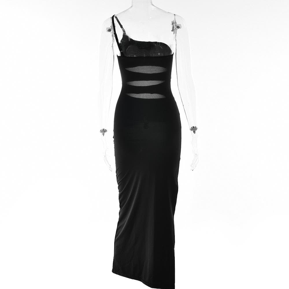 Hollow out mesh solid slit sleeveless one shoulder midi dress - View 6