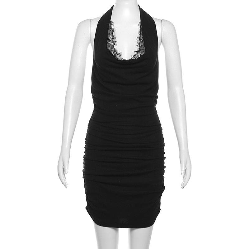 Lace Trim Cowl Neck Ruched Bodycon Mini Dress - View 3