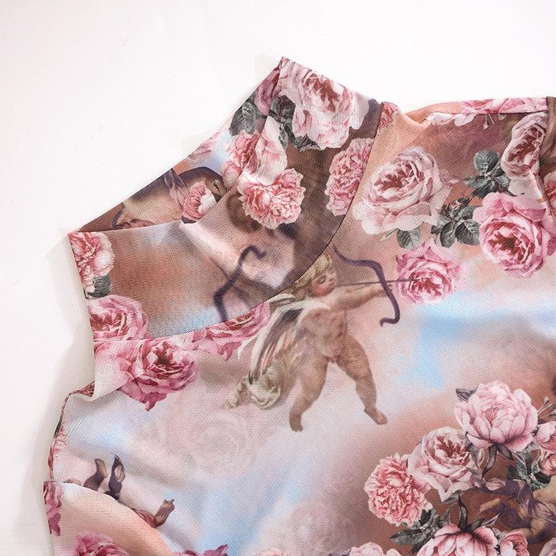 Floral Mesh High Neck Long Sleeve Sheer Bodycon Mini Dress - View 6