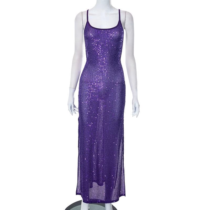 Glitter u neck see through backless cami maxi dress - View 3