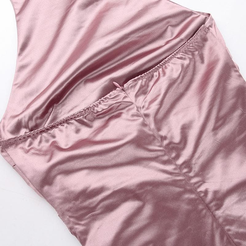 Ruched solid satin zip-up halter backless slit maxi dress - View 7