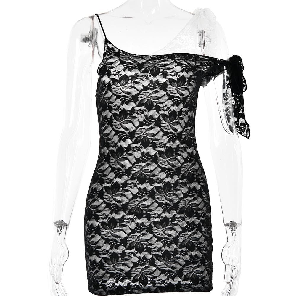 Lace contrast irregular self tie backless mini dress - View 8
