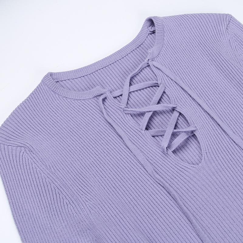Lace up solid ribbed long sleeve notch neck mini dress - View 6