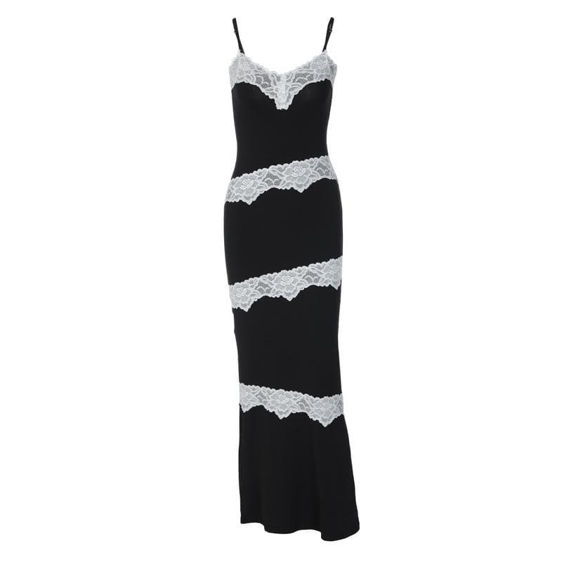V neck lace hem contrast irregular cami maxi dress - View 2