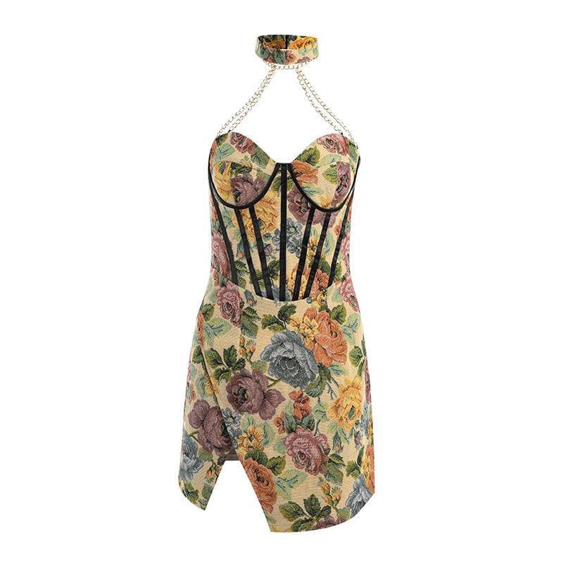 Floral Halter Neck Corset High Split Mini Dress - View 5