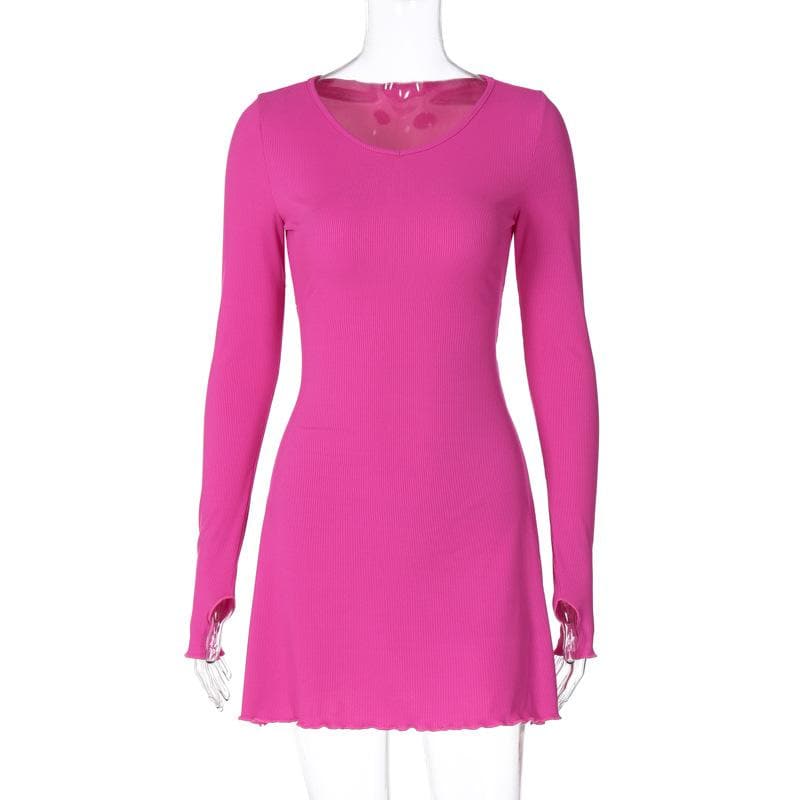 Ribbed Long Sleeve Lace Up Ruffle Mini Dress - View 2