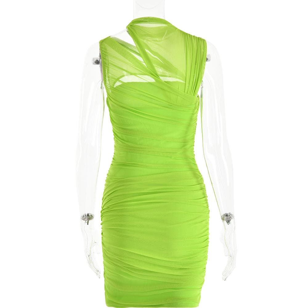 Sleeveless irregular hollow out mesh knotted ruched mini dress - View 4