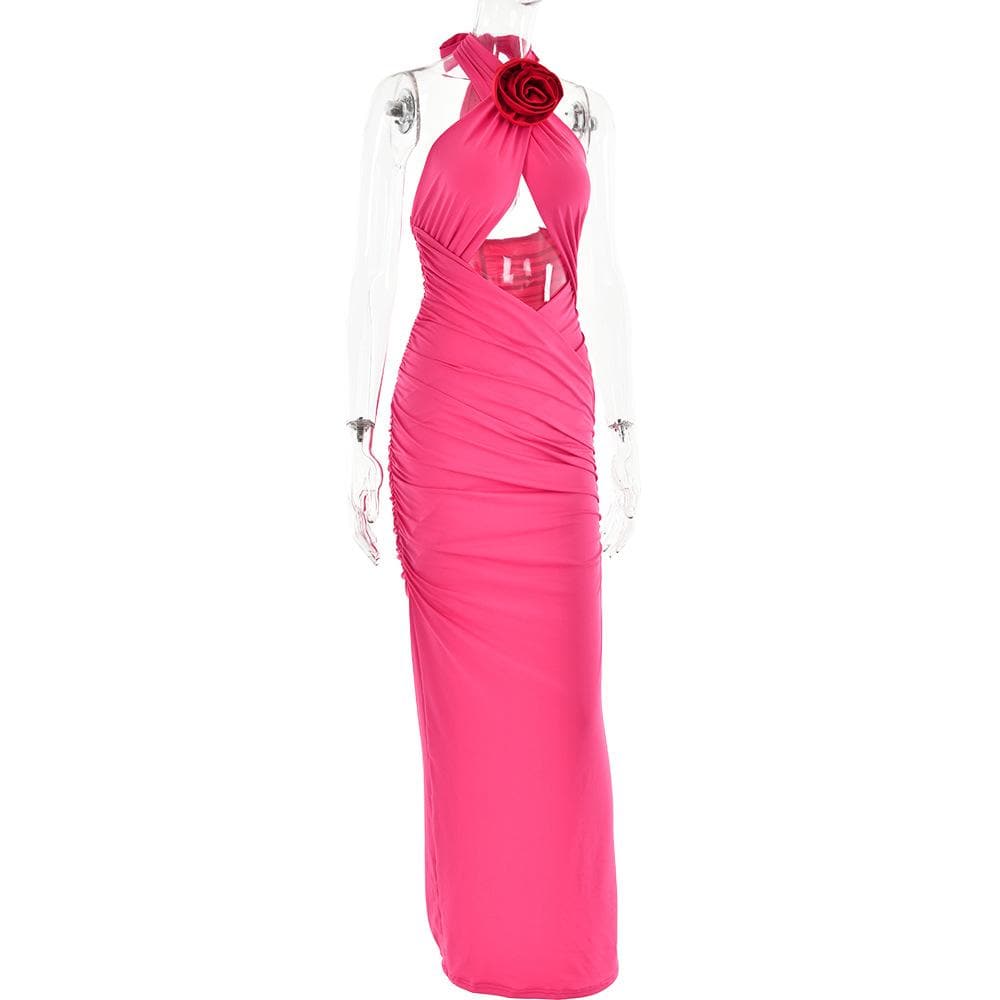 Halter Neck Flower Applique Cut Out Ruched Bodycon Maxi Dress - View 5