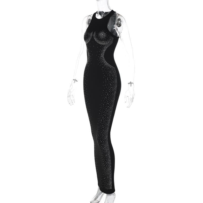 Rhinestone Contour High Neck Sleeveless Bodycon Maxi Gown - View 3