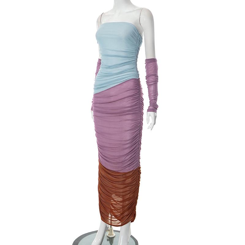 Mesh ruched contrast patchwork off shoulder maxi tube dress - View 3